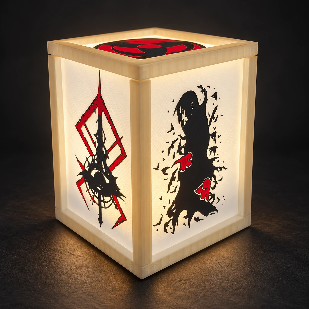 Illuminated Akatsuki Glow lantern with pale frame and red-and-black anime artwork