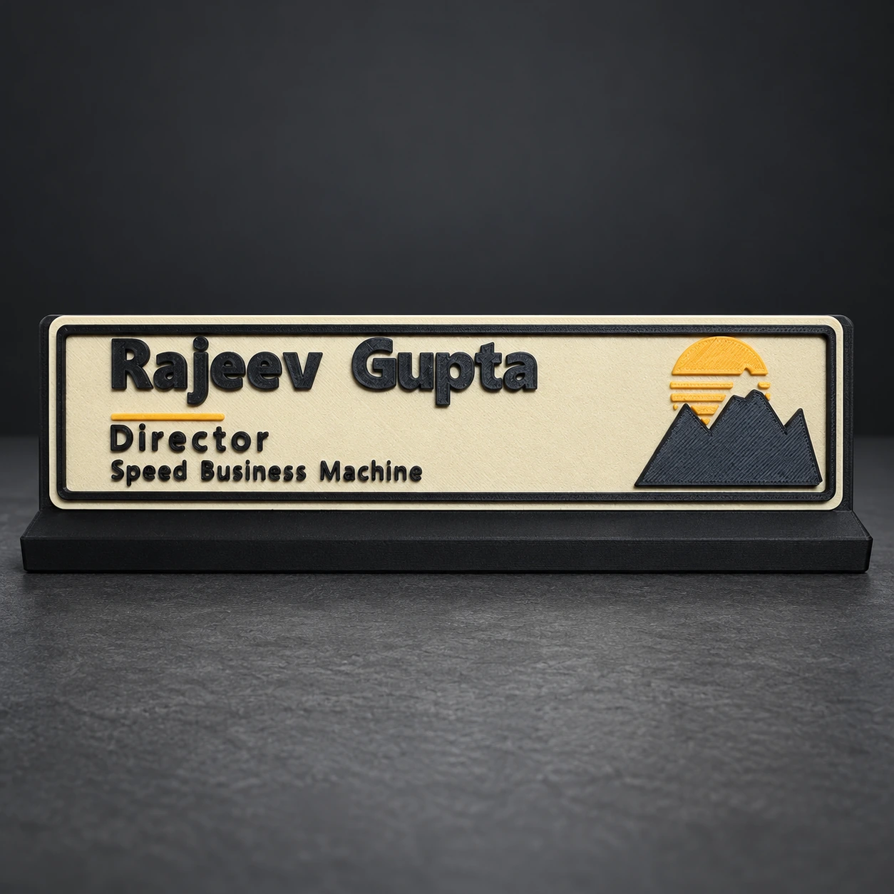 Freestanding personalised desk nameplate with raised lettering on a matching base