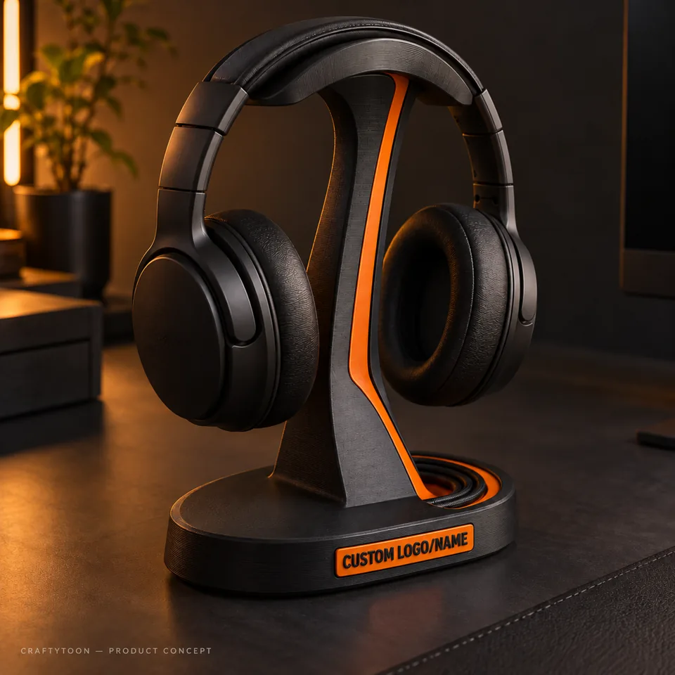 Concept visual of a black-and-orange personalised headphone stand with a nameplate on its base
