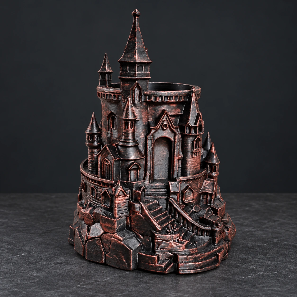 Darkspire gothic castle pen holder with pointed towers and textured stone-style walls