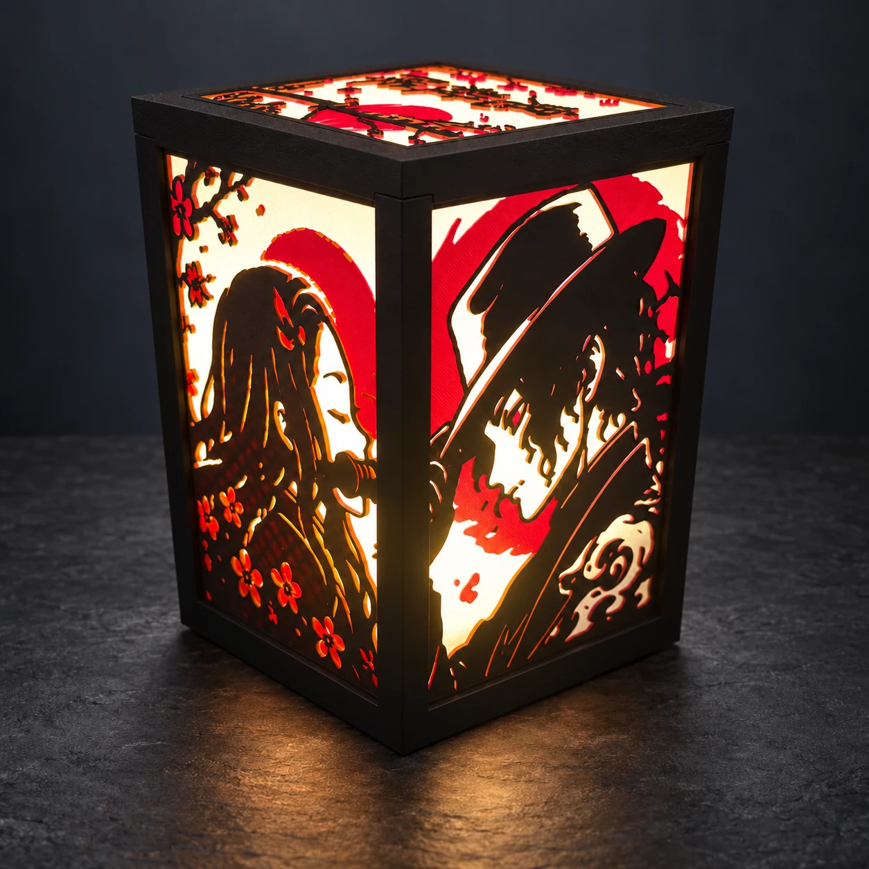 Illuminated Demon Slayer shadow lantern with flush black frame and red, black and cream artwork
