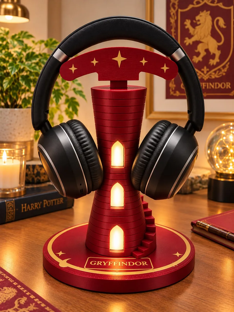 Red-and-gold Houseglow illuminated headphone stand in the Gryffindor colour option