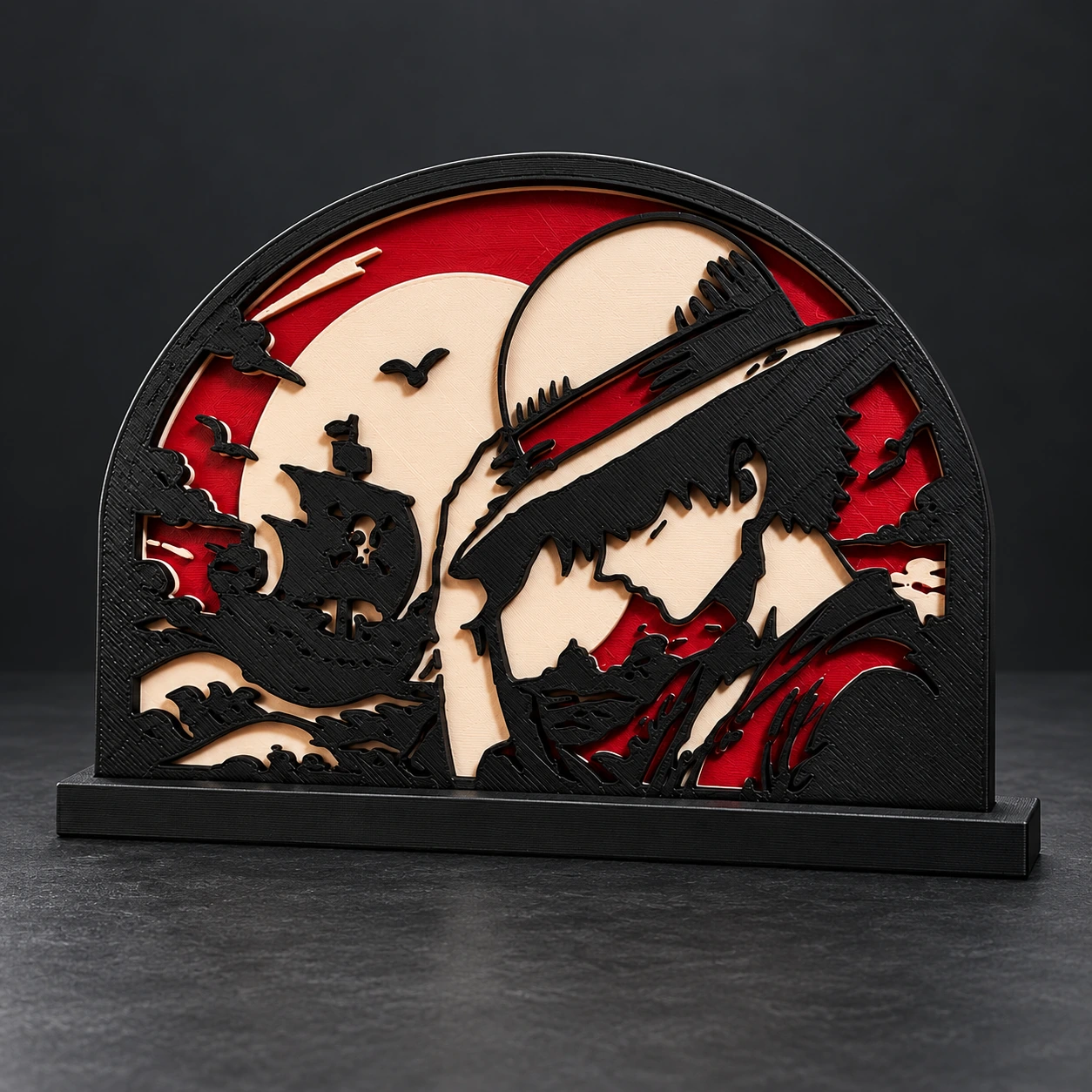 Freestanding Luffy Moonlit arched art panel with raised silhouettes and a rectangular base