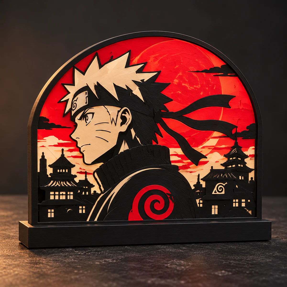 Freestanding Naruto Moonlit art panel with a red moon, layered silhouette and black base