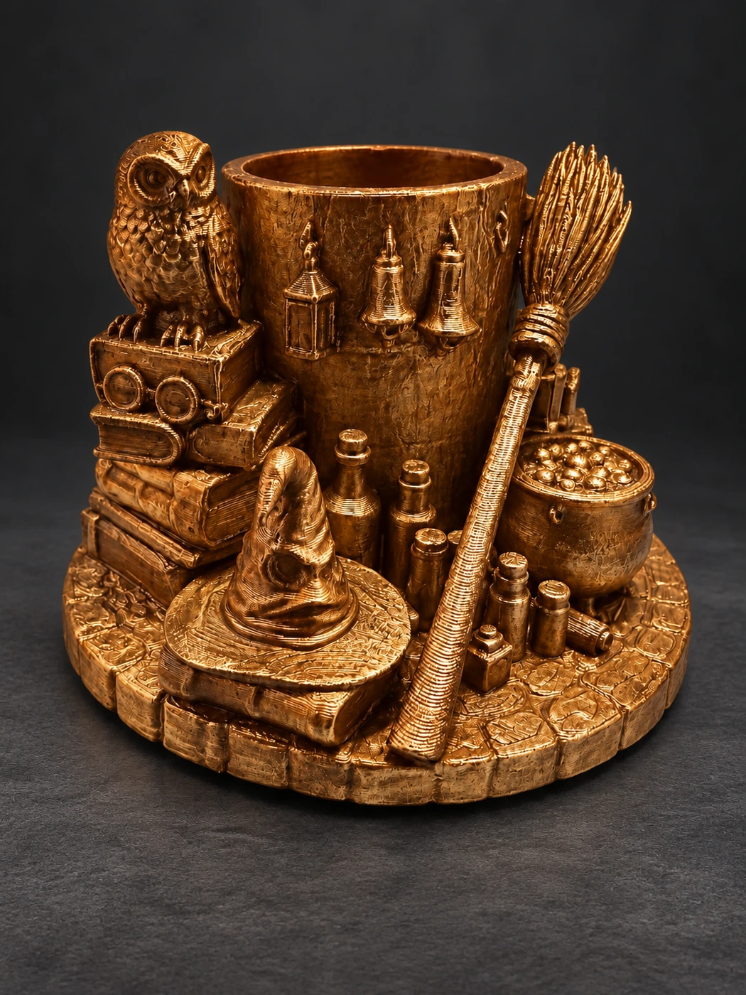 Spellkeeper wizard-themed pen holder with an owl, hat, books, potions and broom