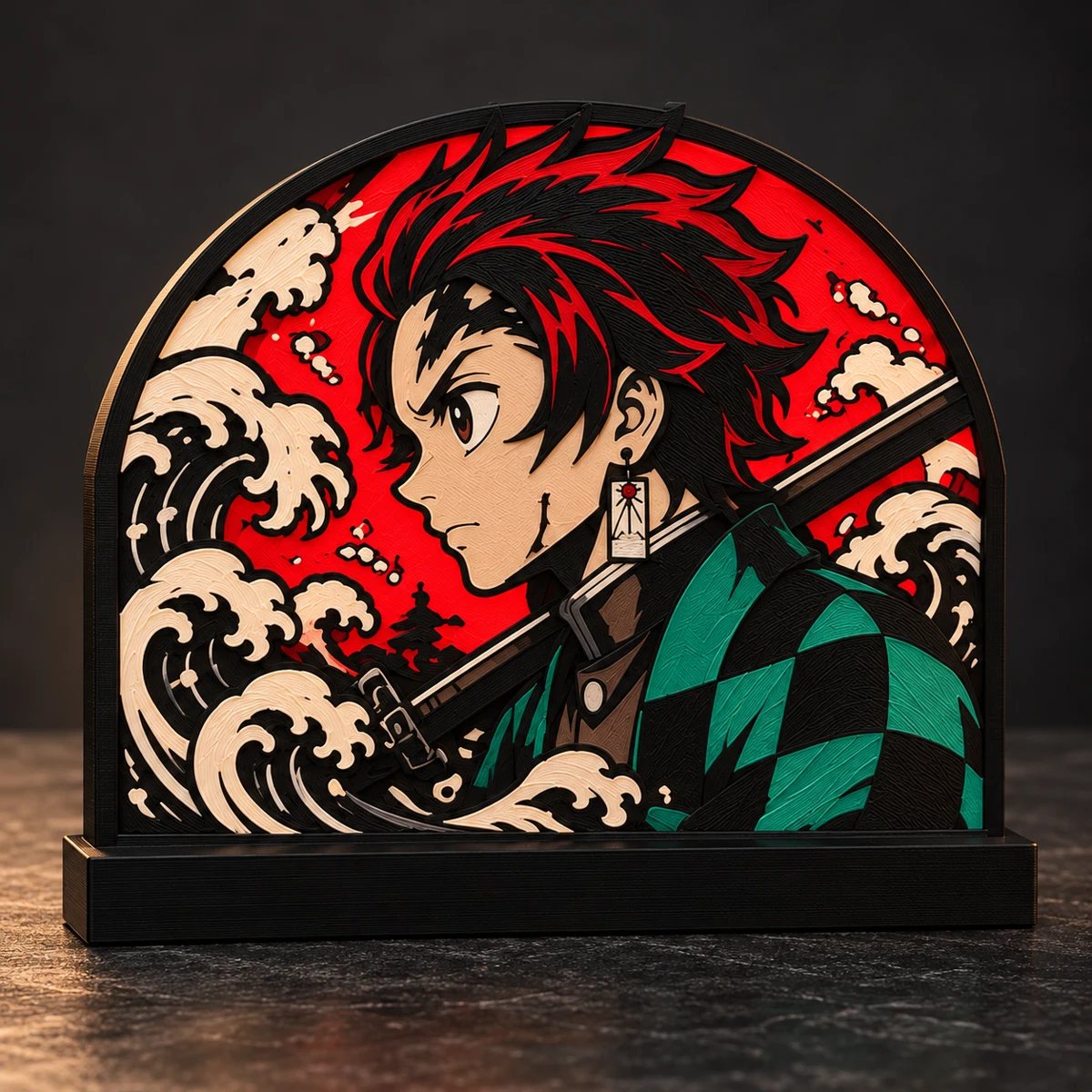 Freestanding Tanjiro Wave art panel with layered waves in red, cream, black and green